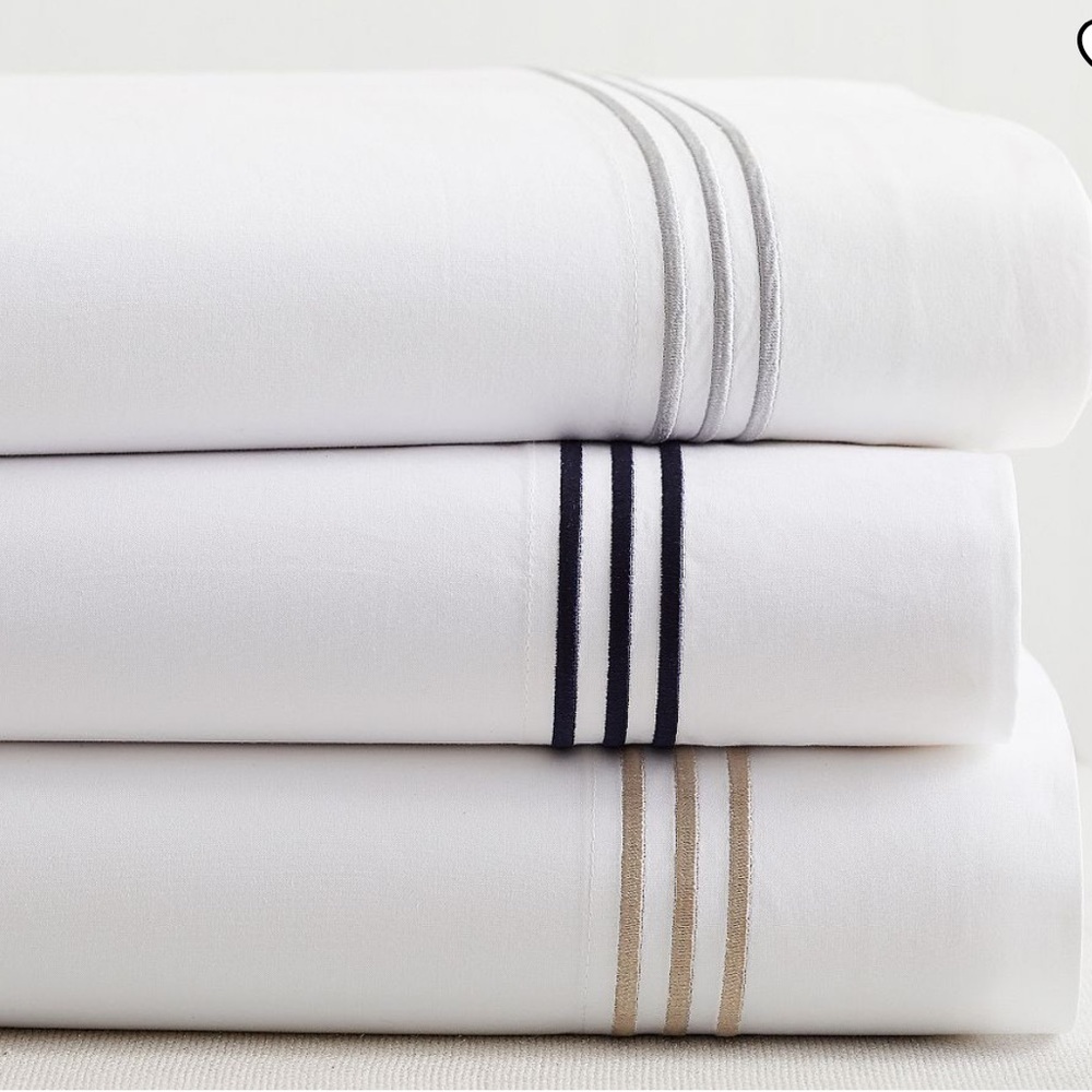 2 Pottery Barn White KING Pillowcases with Embroidered Silver Stripes
